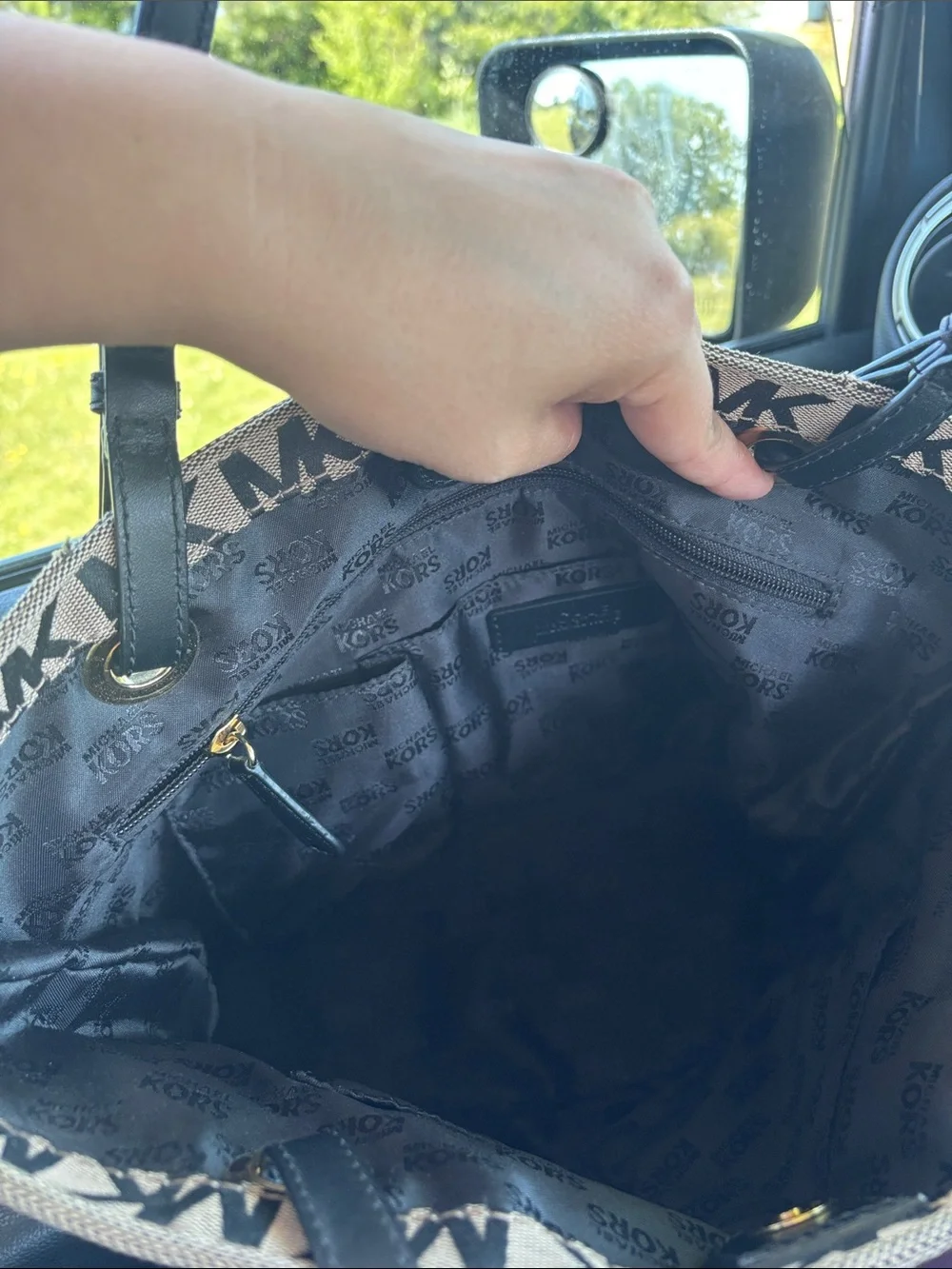 Michael Kors Black and Beige MK Logo Tote with Tassel Charm - Picture 13 of 13